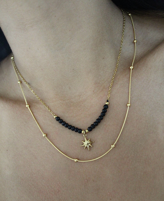 Collier double rang perles noires étoile - Bijoux en acier inoxydable - Les bijoux d’Anaïs